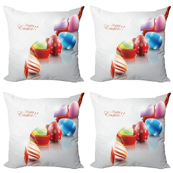 Ambesonne Easter Throw Pillow Cover 4 Pack, Ribbon and Colorful Eggs, 18", Multicolor