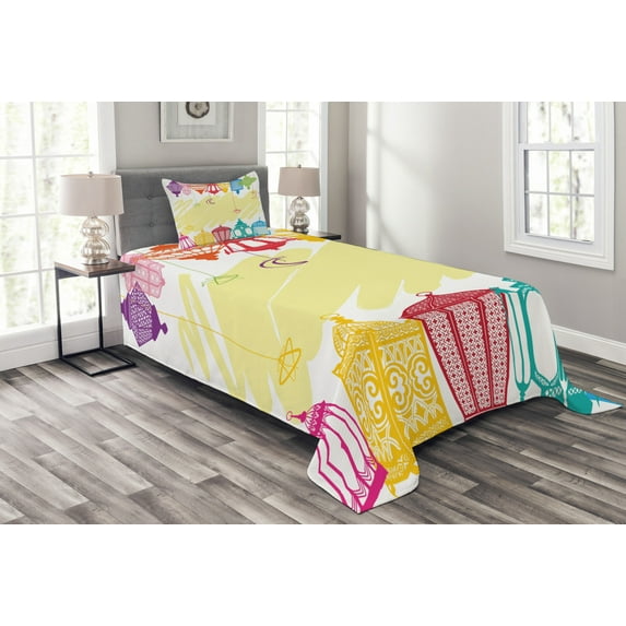 Ambesonne Eastern Art Quilted Bedspread Set 2 Pcs, Colorful Framework Fun, Twin Size, Multicolor