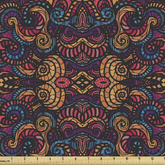 Ambesonne Eastern Fabric by the Yard Upholstery, Floral Glass Pattern, 2 Yards, Multicolor