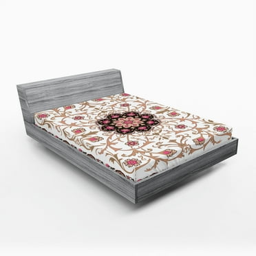 Ambesonne Eastern Fitted Sheet, Classic Floral Details, Full Size, Coral Jade Green