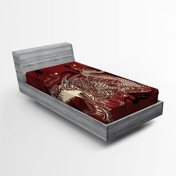 Ambesonne Eastern Fitted Sheet, Japanese Dragon Doodle, Twin XL Size, Ivory and Ruby