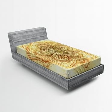 Ambesonne Eastern Fitted Sheet, Old Mandala, Twin XL Size, Dark Orange Pale Yellow