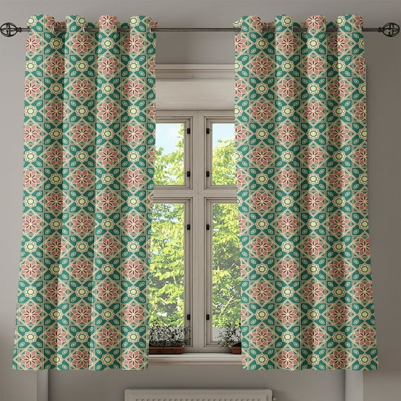Ambesonne Eastern Grommet Curtain, Mosaic Florets Chevron, 50" x 63", Forest Green Pale Pink