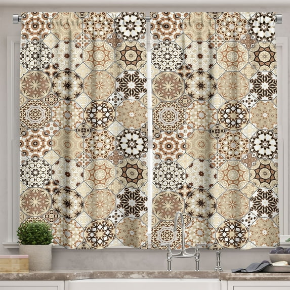 Ambesonne Eastern Kitchen Curtains, Octagonal Retro Style, 55"x45", Dark Brown Pale Brown