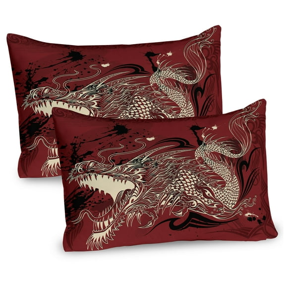 Ambesonne Eastern Pillow Sham 2 Pack, Japanese Dragon Doodle, 30"x20", Ivory and Ruby
