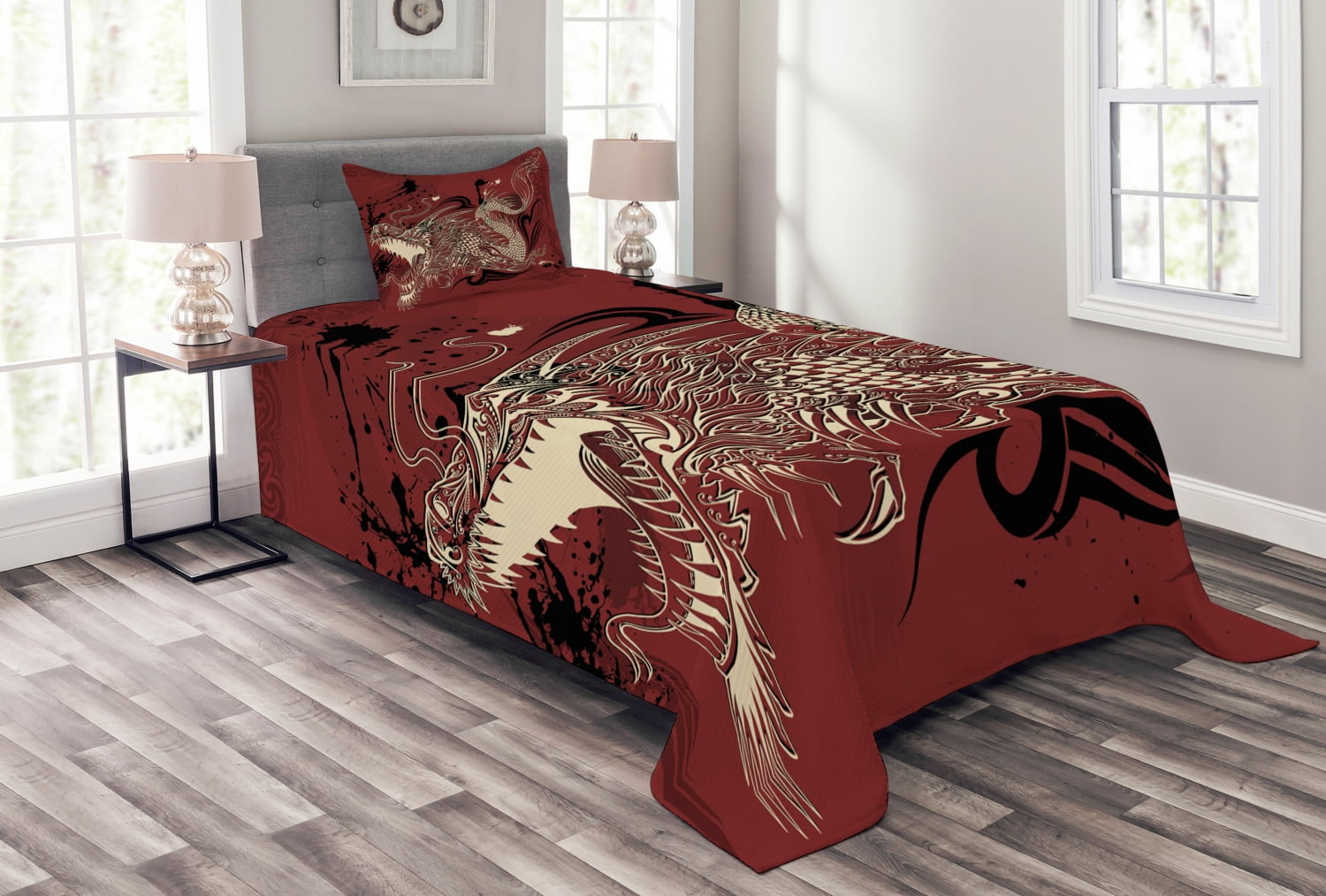Twin White Quilted Bedspread Set with Dragon Design