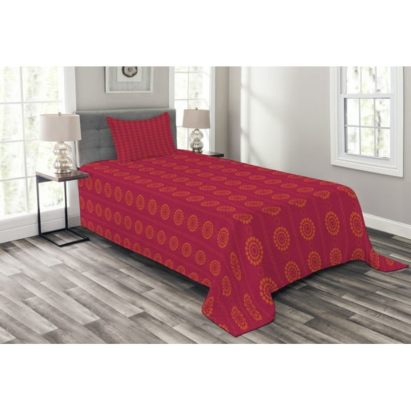 Ambesonne Eastern Quilted Bedspread Set 2 Pcs, Sun Inspired Ethnic, Twin Size, Scarlet and Maroon
