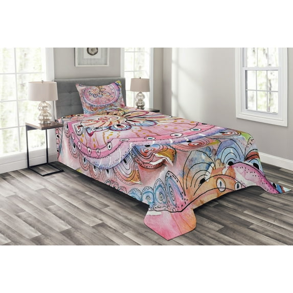 Ambesonne Eastern Quilted Bedspread Set 2 Pcs, Watercolor Effects Art, Twin Size, Multicolor