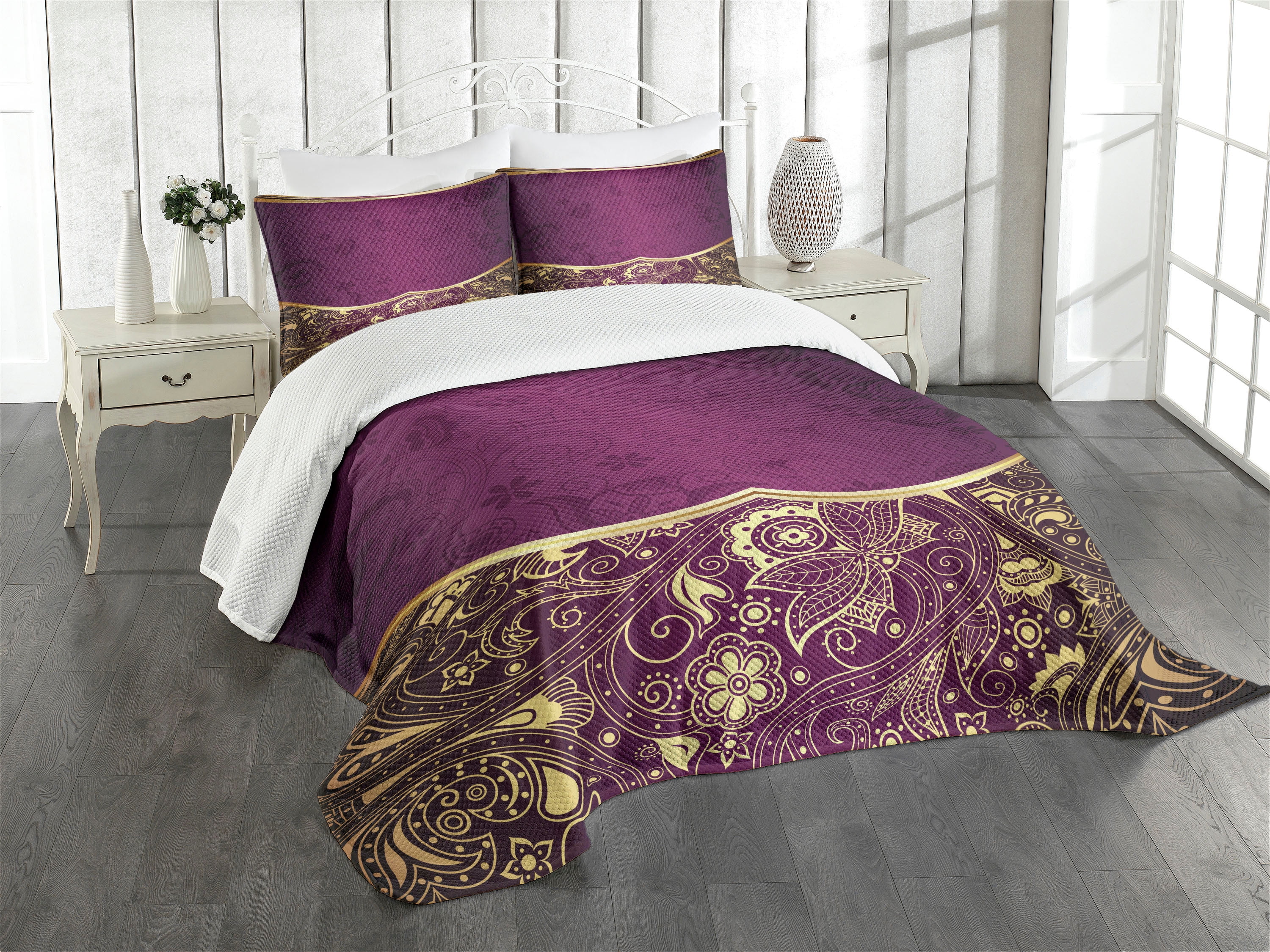 Ambesonne Eastern Quilted Bedspread Set 3 Pcs, Oriental Floral Swirls