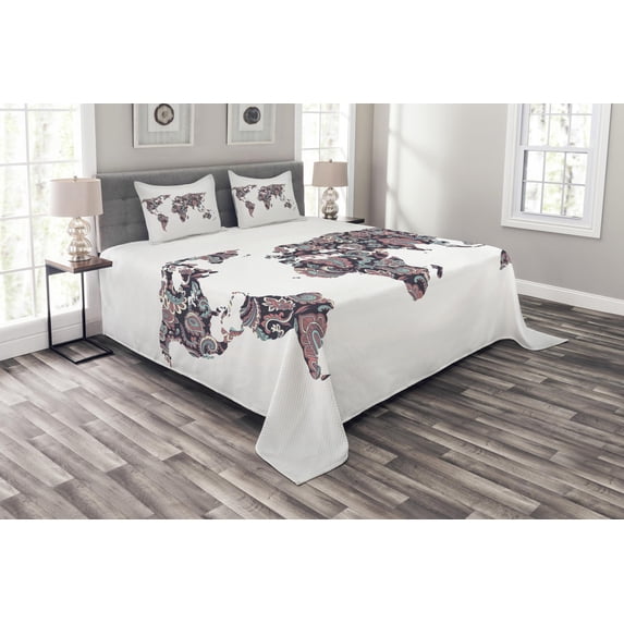 Ambesonne Eastern Quilted Bedspread Set 3 Pcs, Paisley Leaves, Queen Size, Plum Coral Turquoise