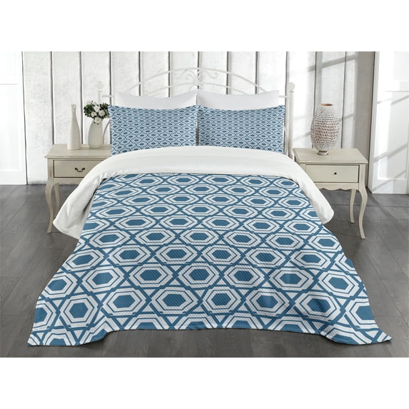 Ambesonne Eastern Quilted Bedspread Set 3 Pcs, Vintage Floral Spring, Queen Size, Blue White
