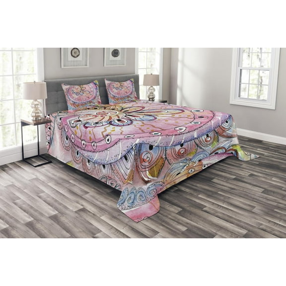 Ambesonne Eastern Quilted Bedspread Set 3 Pcs, Watercolor Effects Art, Queen Size, Multicolor