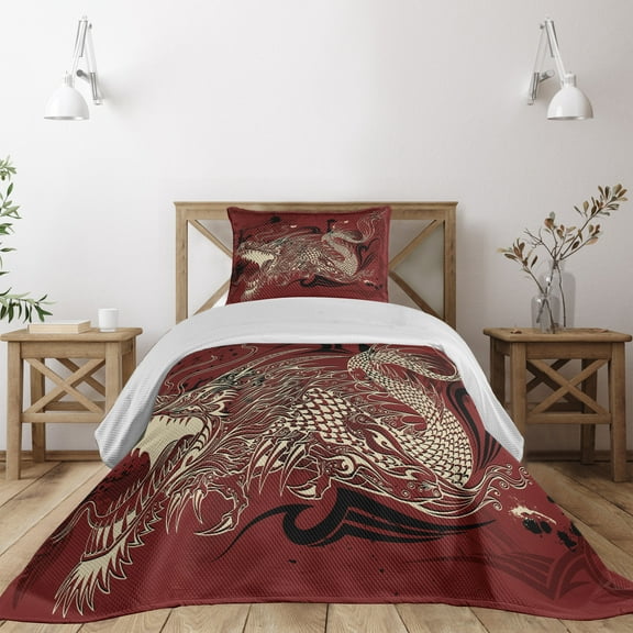 Ambesonne Eastern Quilted Coverlet 2 Pcs, Japanese Dragon Doodle, Twin Size, Ivory and Ruby
