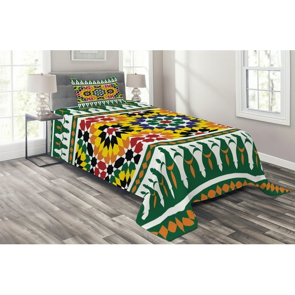 Ambesonne Eastern Quilted Coverlet 2 Pcs, Vibrant Pattern, Twin Size, Green Yellow