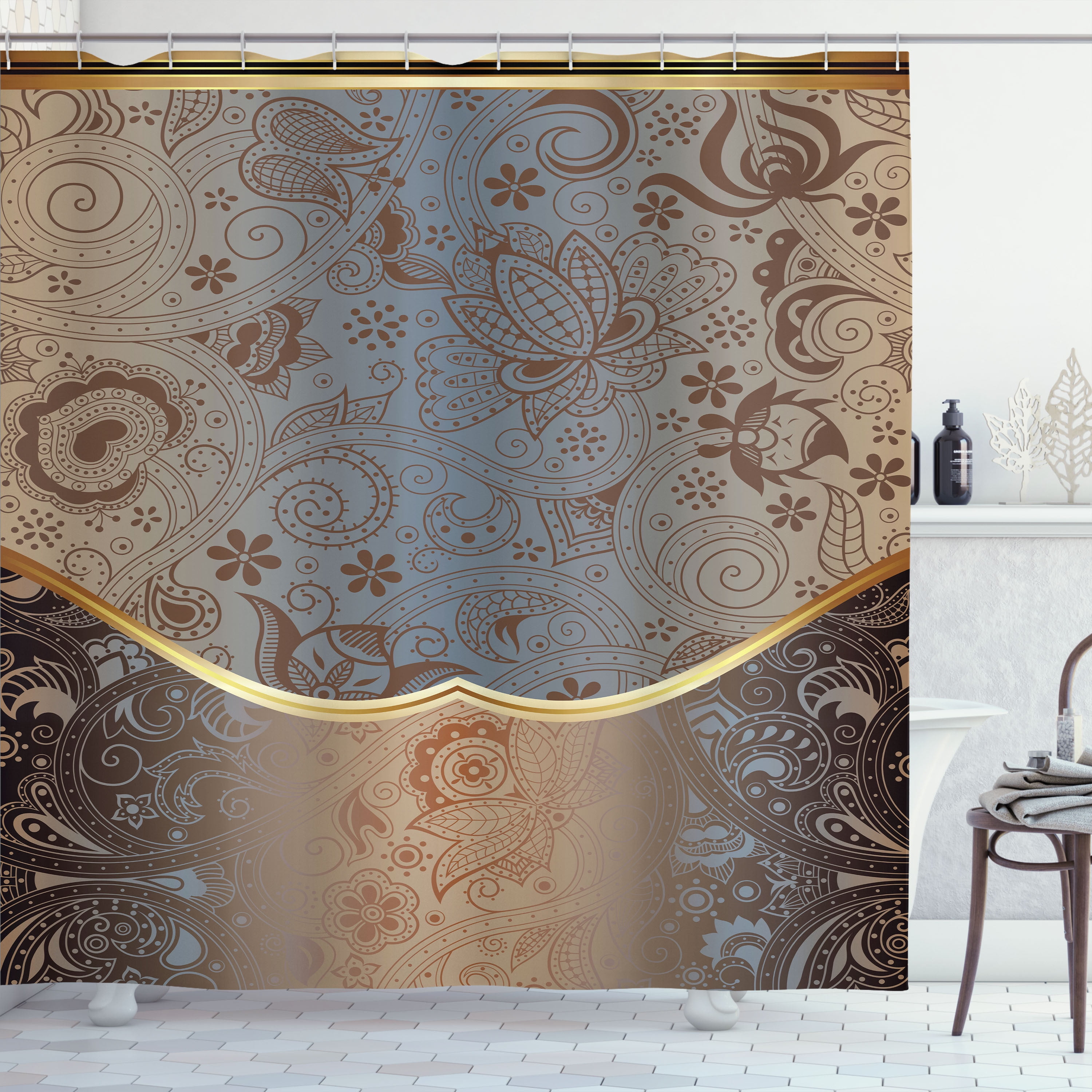 Green and Gold Floral Fabric Shower Curtain with Hooks