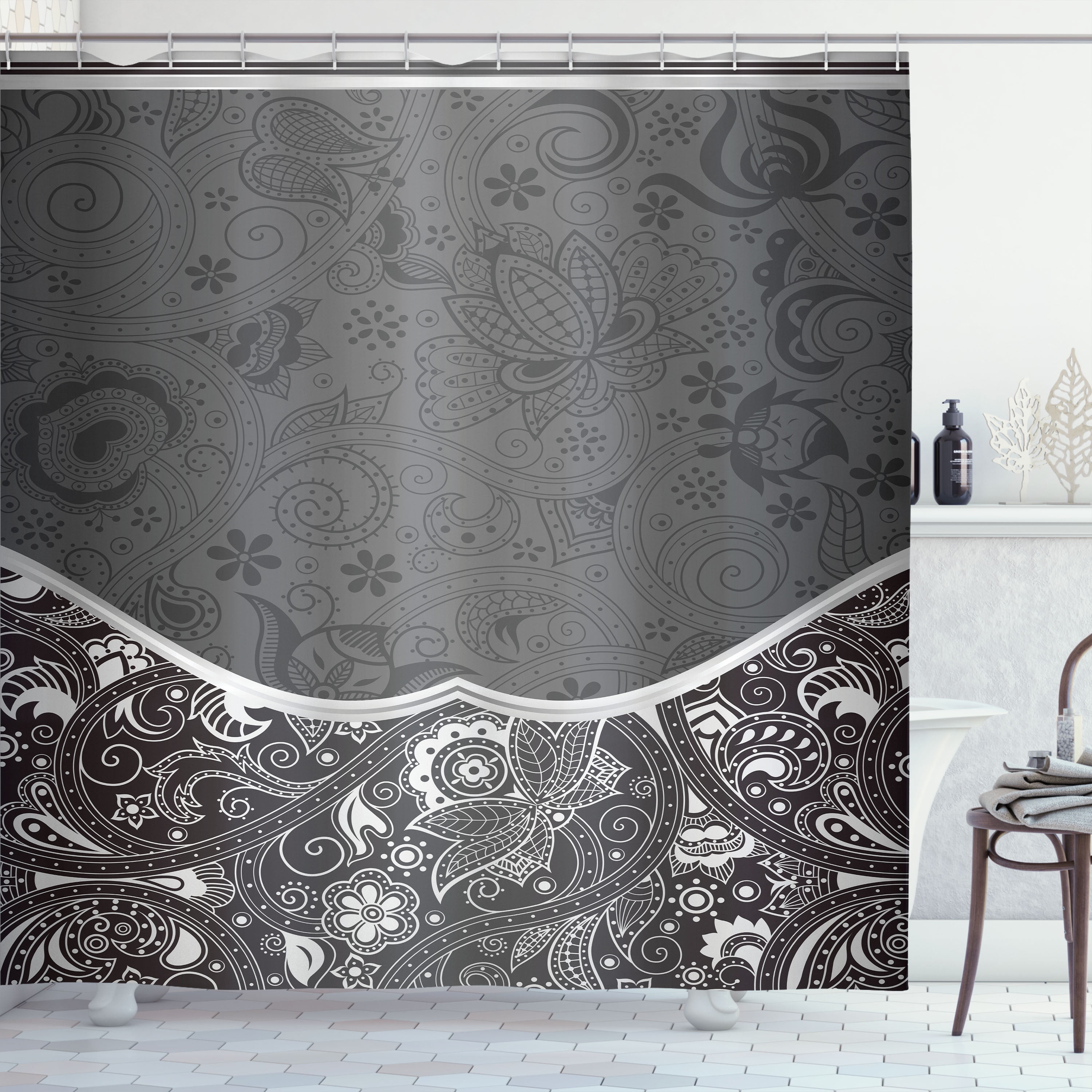 Oriental Green and Gold Floral Fabric Shower Curtain