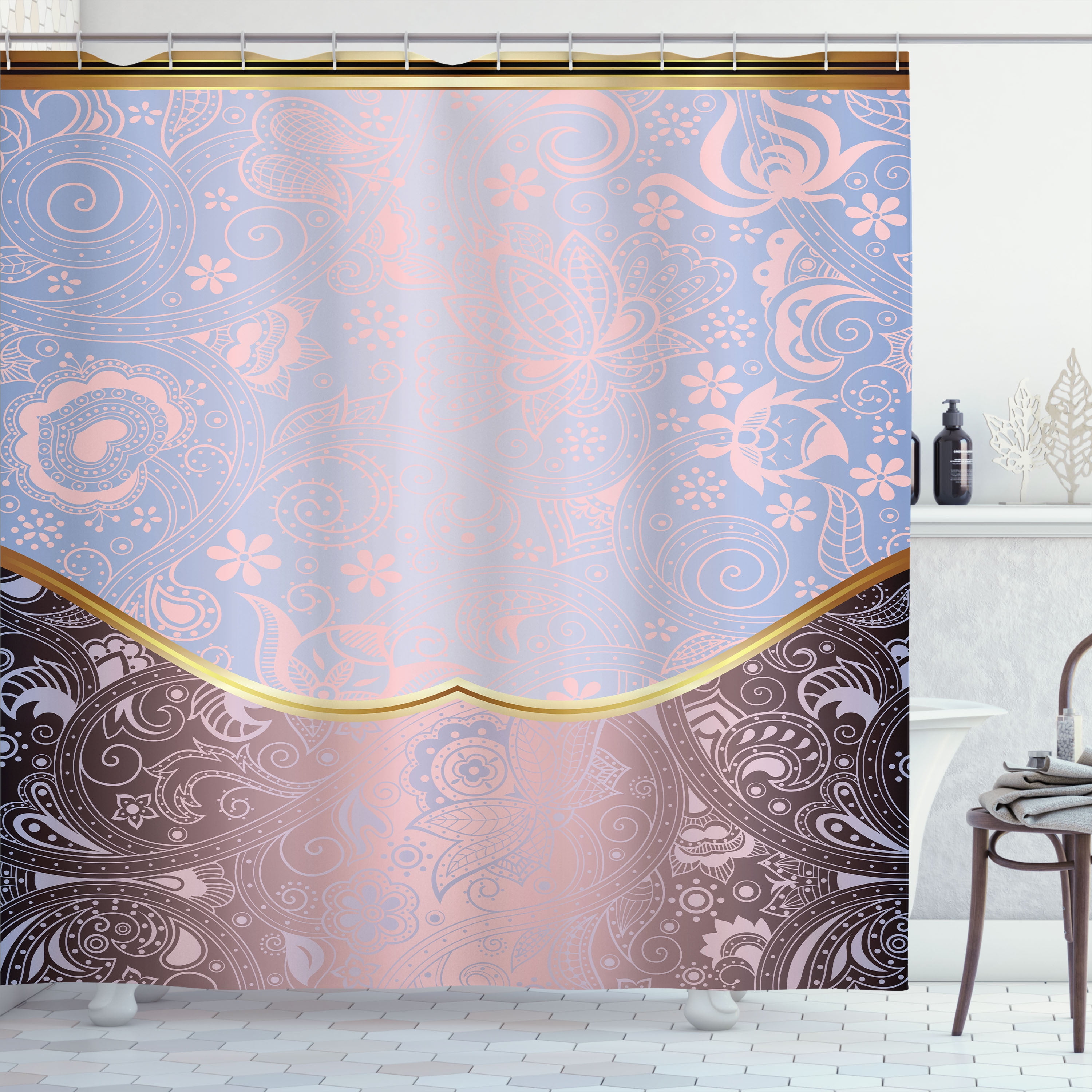 Pale Azure and Gold Floral Fabric Shower Curtain with Hooks