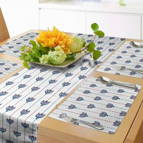 Ambesonne Eastern Table Runner & Placemats, Tulip Flowers, Placemat 4 pcs + Runner 12"x90", Red Navy Blue and White