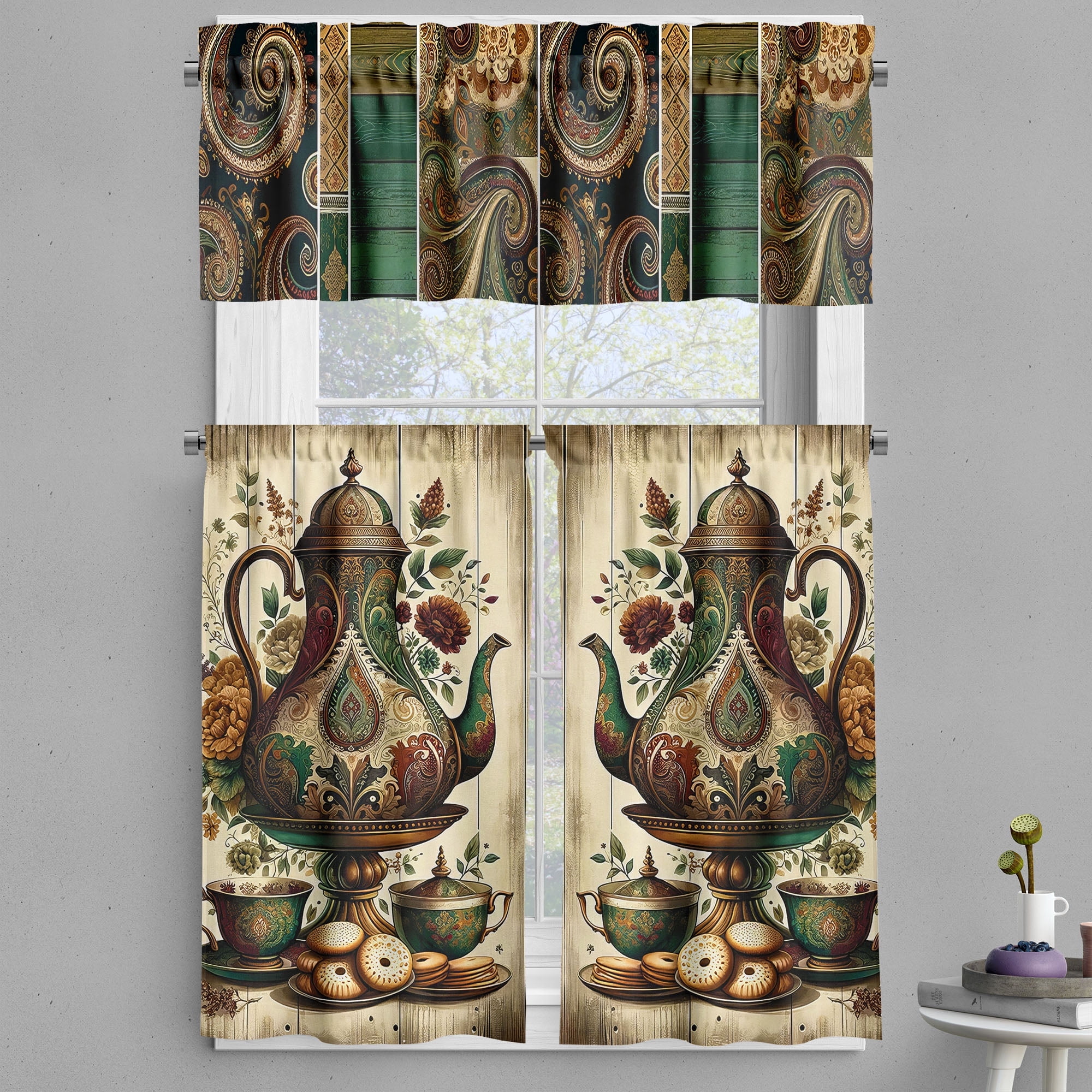 Vintage Teapot and Floral Print Kitchen Curtain Set