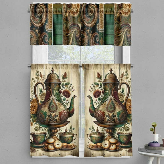 Ambesonne Eastern Valance & Curtain 3 Pcs Set, Nostalgia Tea Time Paisley, 55"x30", Pale Mustard Teal Maroon