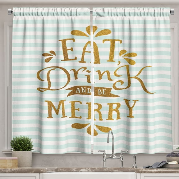 Ambesonne Eat Drink Be Merry Kitchen Curtains, Xmas Greeting, 55"x39", Ginger Mint Green White
