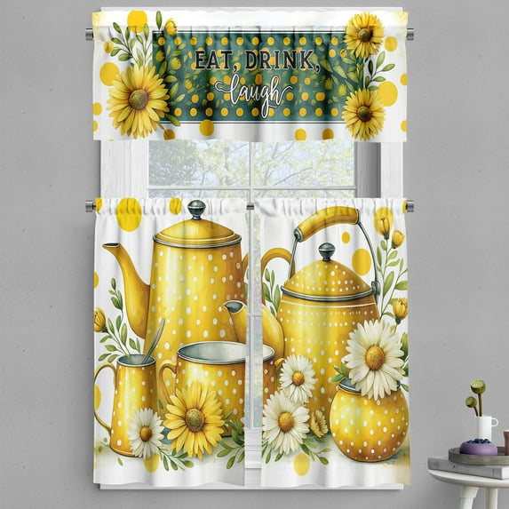 Ambesonne Eat Drink Laugh Valance & Curtain 3 Pcs Set, Vintage Summer Tea, 55"x45", Mustard and Hunter Green