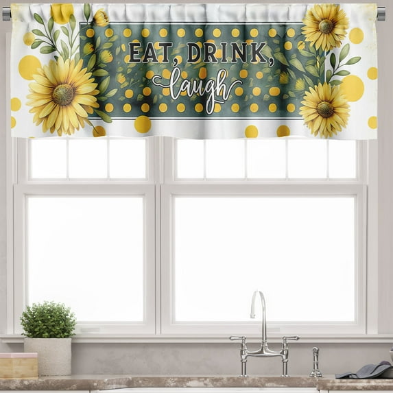 Ambesonne Eat Drink Laugh Window Valance, Farmhouse Sunflower, 42" X 12", Mustard Pearl Grey Teal