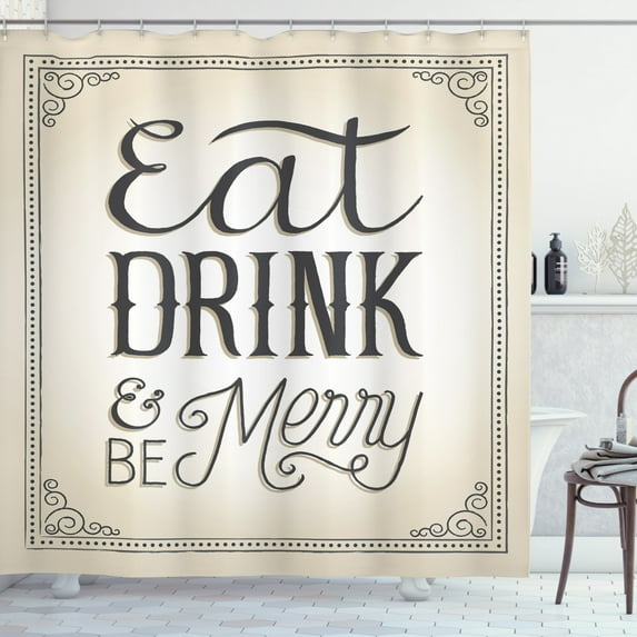 Ambesonne Eat Drink and Be Merry Shower Curtain, Vintage Xmas, 69"Wx75"L, Beige and Charcoal Grey