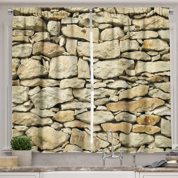 Ambesonne Ecru Kitchen Curtains, Historic Grunge Stones Wall, 55"x24", Sand Brown Ecru and Amber