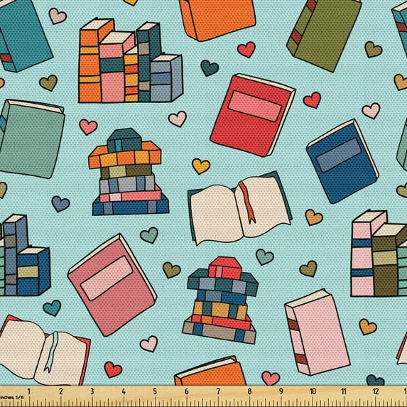 Ambesonne Education Fabric by the Yard Upholstery, Books and Hearts Plot, 2 Yards, Scarlet Olive Green and Blue