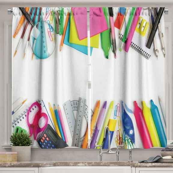 Ambesonne Education Kitchen Curtains, Pencils Notepapers Print, 55"x30", Pink Green and White