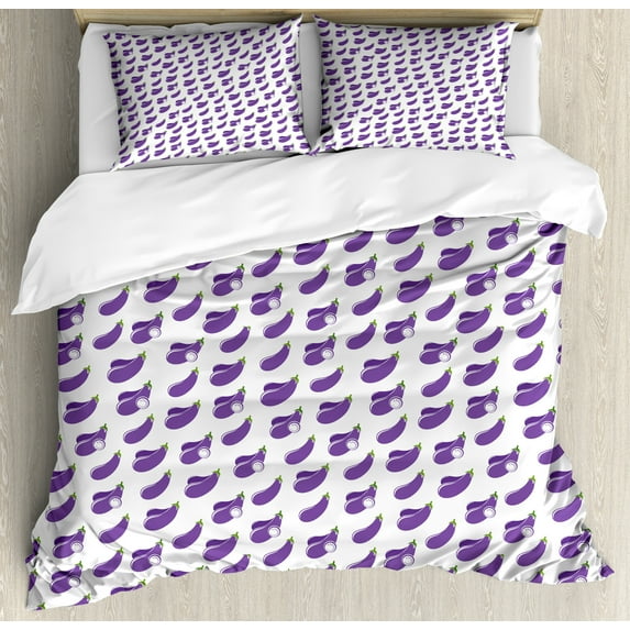Ambesonne Eggplant Duvet Cover Set, Aubergine Slices Design, 2-Calking, Violet Green White