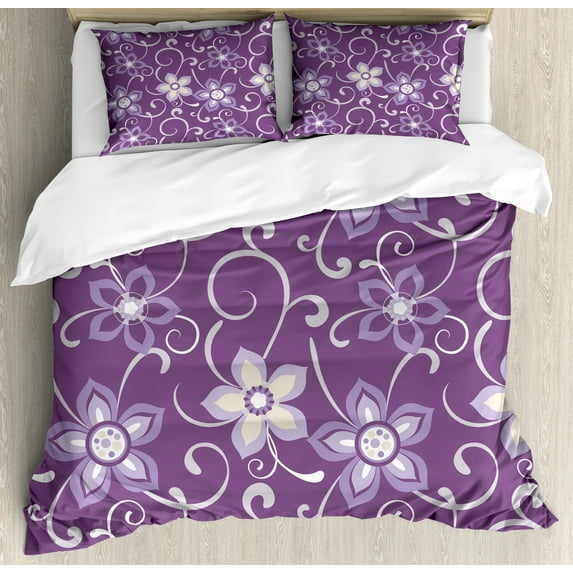 Ambesonne Eggplant Duvet Cover Sets, Lilacs with Leaves, 2-Queen, Purple White