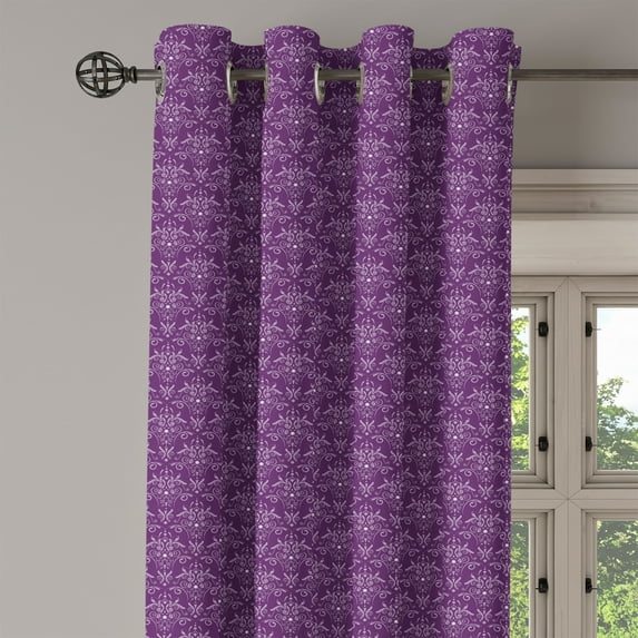 Ambesonne Eggplant Grommet Curtain Single Panel, Damask Leaves Curls, 50"x60", Purple Lilac