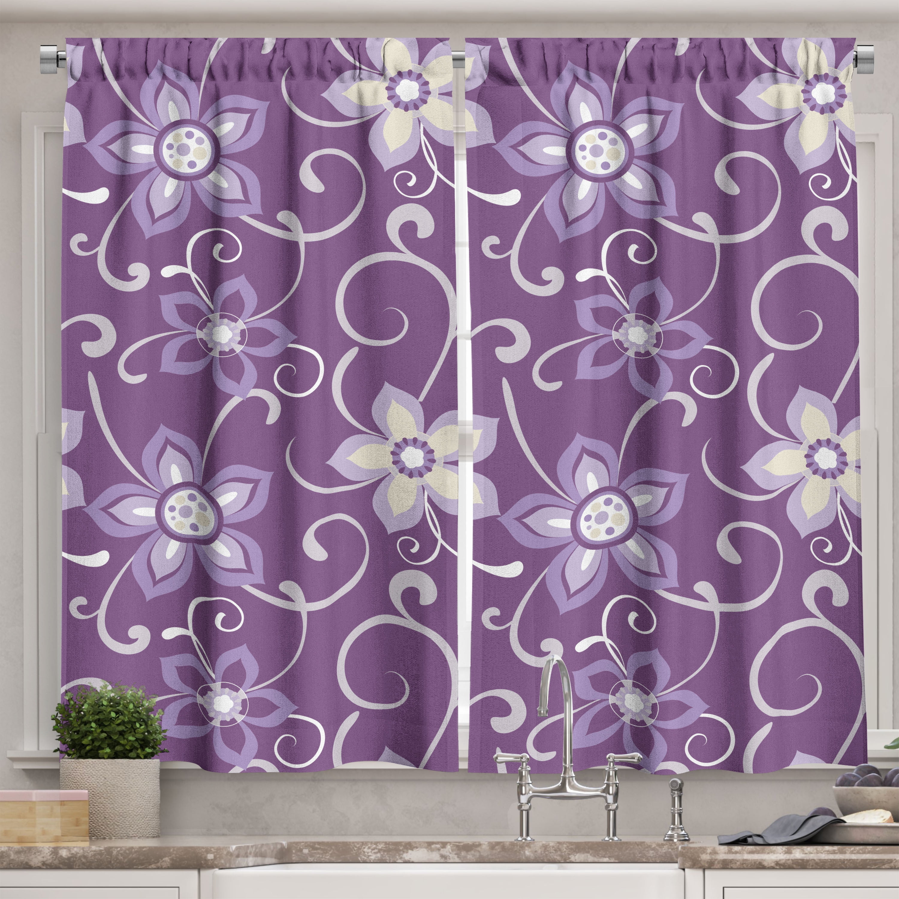 Ambesonne Eggplant Kitchen Curtains, Lilacs with Leaves, 55