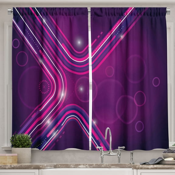 Ambesonne Eggplant Kitchen Curtains, Purple Lines Circles, 55"x39", Violet Pink