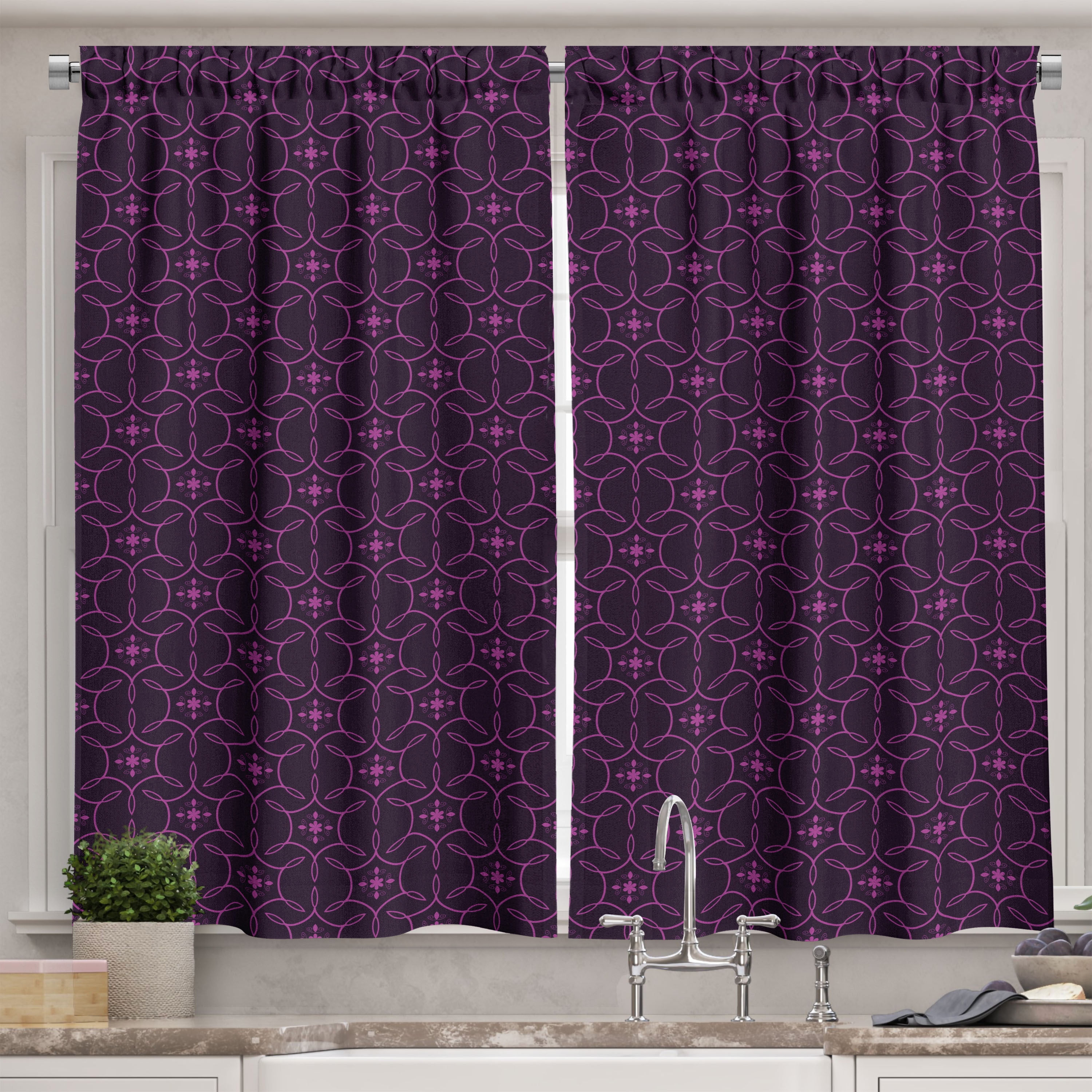 Ambesonne Eggplant Kitchen Curtains, Swirl Leaf Details, 55"x39