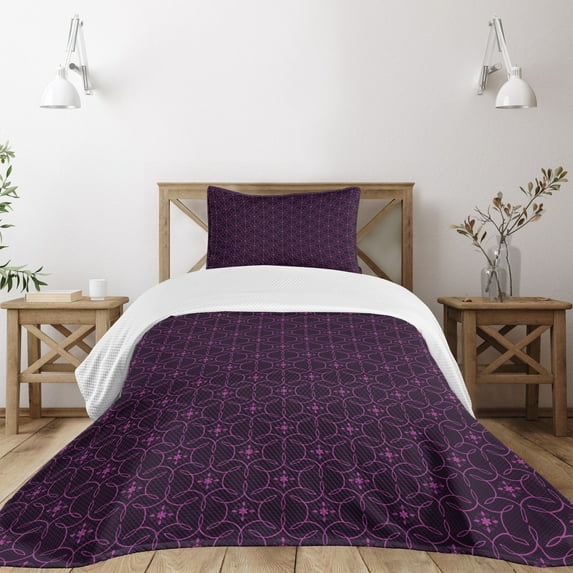 Ambesonne Eggplant Quilted Bedspread Set 2 Pcs, Swirl Leaf Details, Twin Size, Eggplant Purple