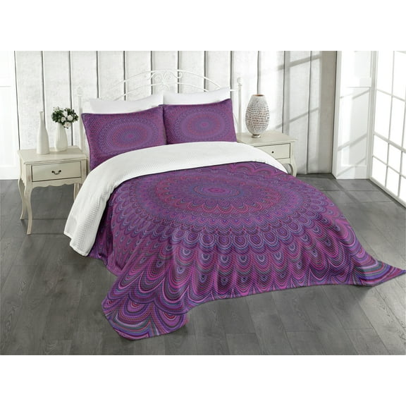 Ambesonne Eggplant Quilted Bedspread Set 3 Pcs, Vintage Purple Mandala, King Size, Purple