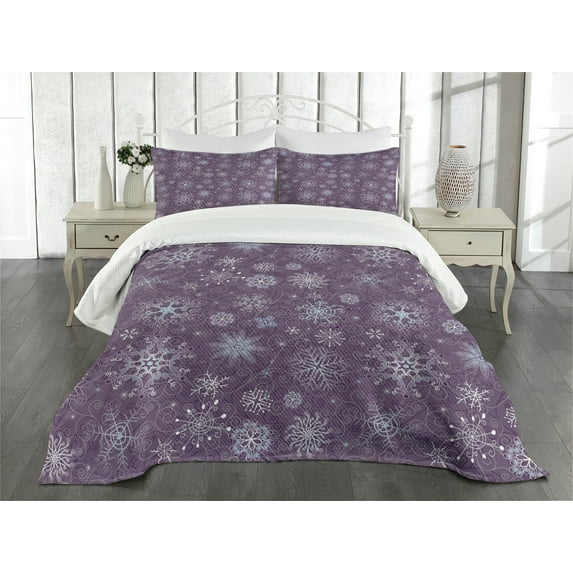 Ambesonne Eggplant Quilted Bedspread Set 3 Pcs, Xmas Snowflakes Floral, Queen Size, Violet