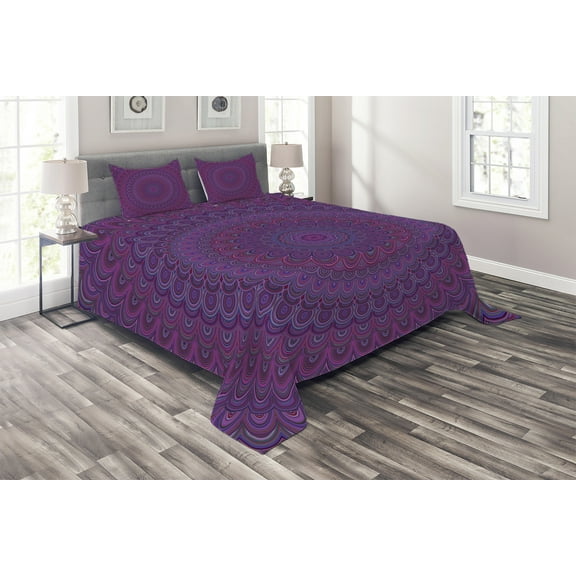 Ambesonne Eggplant Quilted Coverlet 3 Pcs, Vintage Purple Mandala, King Size, Purple