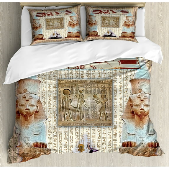 Ambesonne Egypt Duvet Cover Sets, Egypt Coffin Heritage Mummy, 2-Queen, Redwood and Taupe