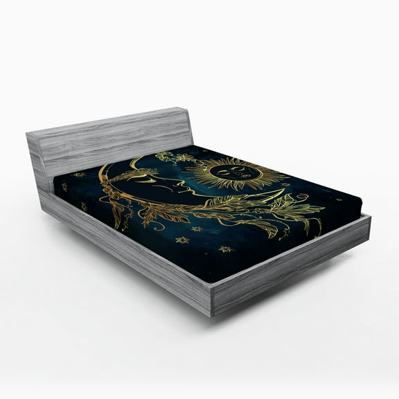 Ambesonne Egypt Fitted Sheet, Moon with Boho Feathers, Full Size, Yellow Petrol Blue