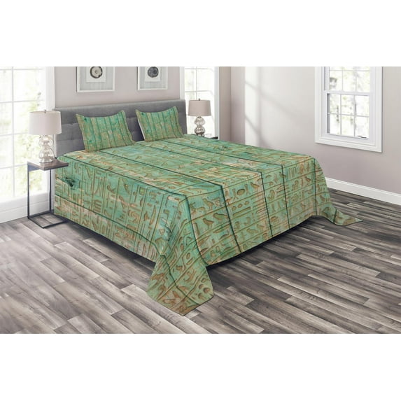 Ambesonne Egypt Quilted Coverlet 3 Pcs, Hieroglyphs Wooden Board, Queen Size, Seafoam