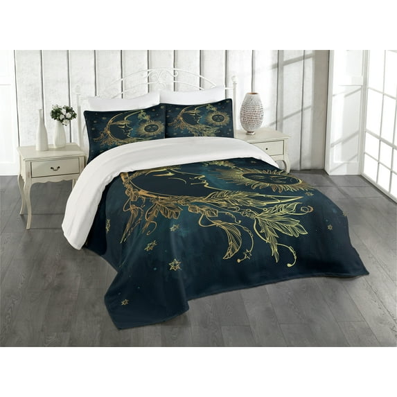Ambesonne Egypt Quilted Coverlet 3 Pcs, Moon with Boho Feathers, Queen Size, Yellow Petrol Blue