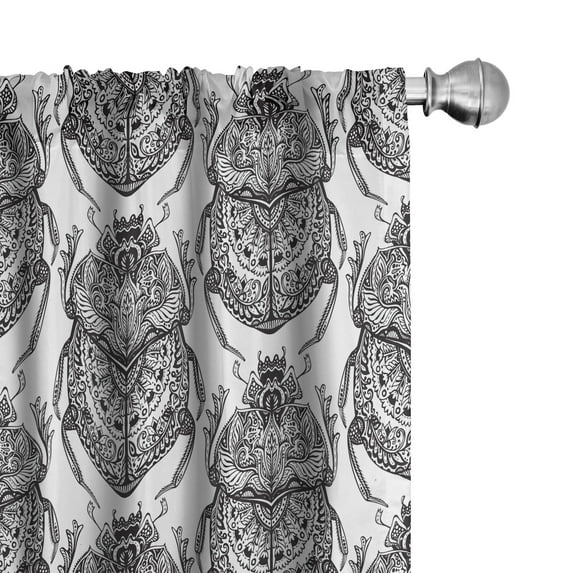 Ambesonne Egyptian Curtains, Mythological Scarabs, Pair of 28"x84", Black White