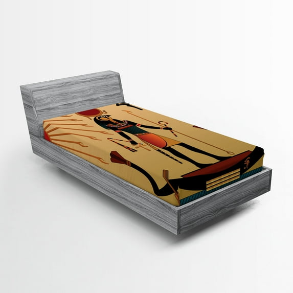 Ambesonne Egyptian Fitted Sheet, Design Eye and Boat Theme, Twin Size, Multicolor