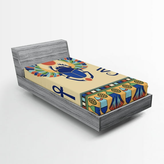 Ambesonne Egyptian Fitted Sheet, Scarab Eye Motif, Twin XL Size, Multicolor
