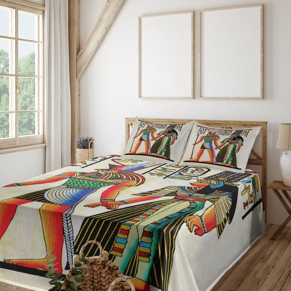 Ambesonne Egyptian Fitted & Top Sheet Set with Shams, Papyrus Building, Multicolor