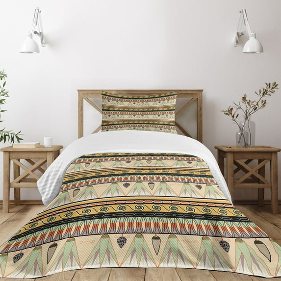 Ambesonne Egyptian Quilted Bedspread Set 2 Pcs, Abstract Indigenous, Twin Size, Multicolor